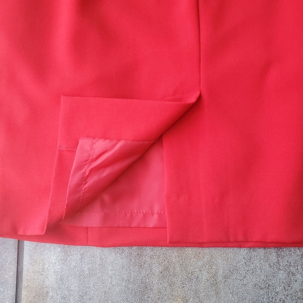 Calvin Klein Red Sheath Dress Slit Ruffle Black Belt Preppy Work Classic Office - Picture 10 of 11